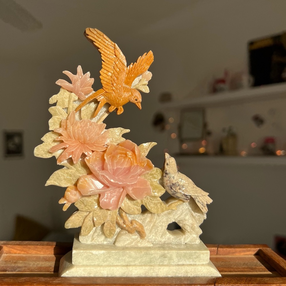 Chinese Hardstone Bird and Rose Carving Sculpture